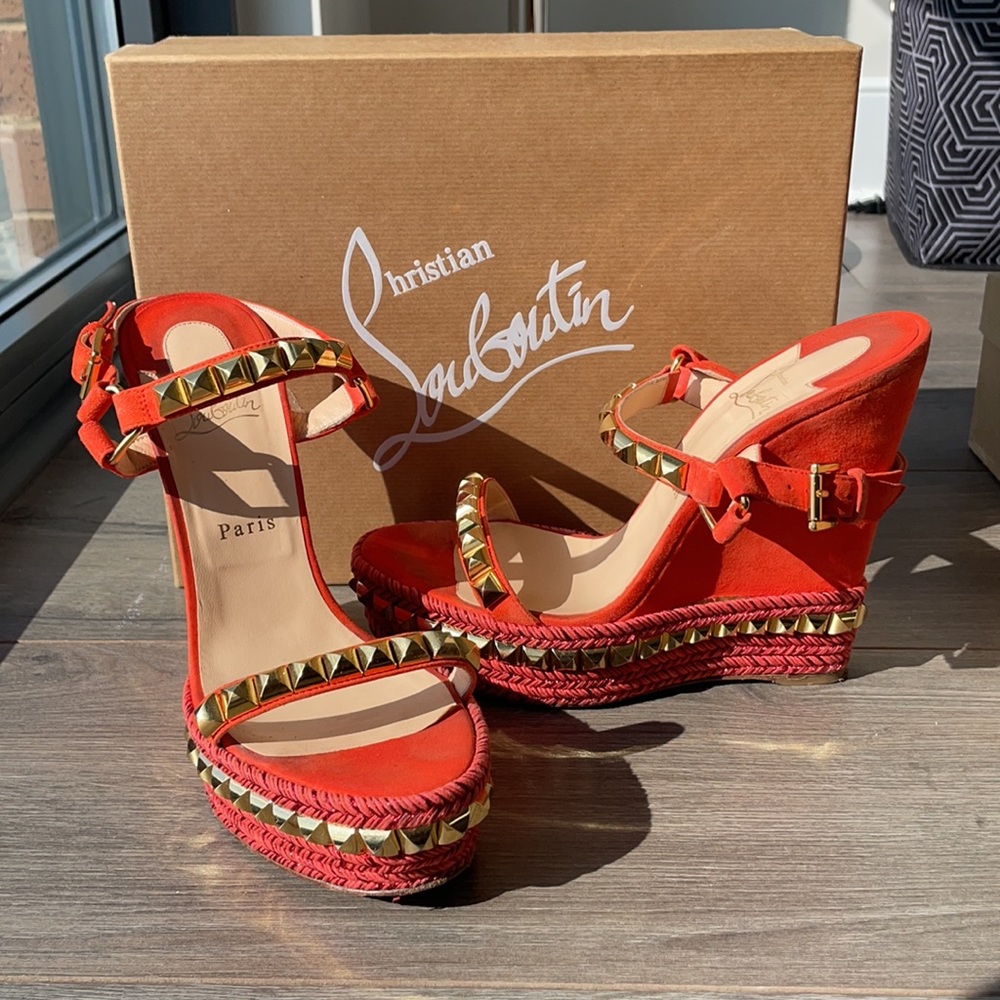 Christian Louboutin orange suede Cataclou wedge